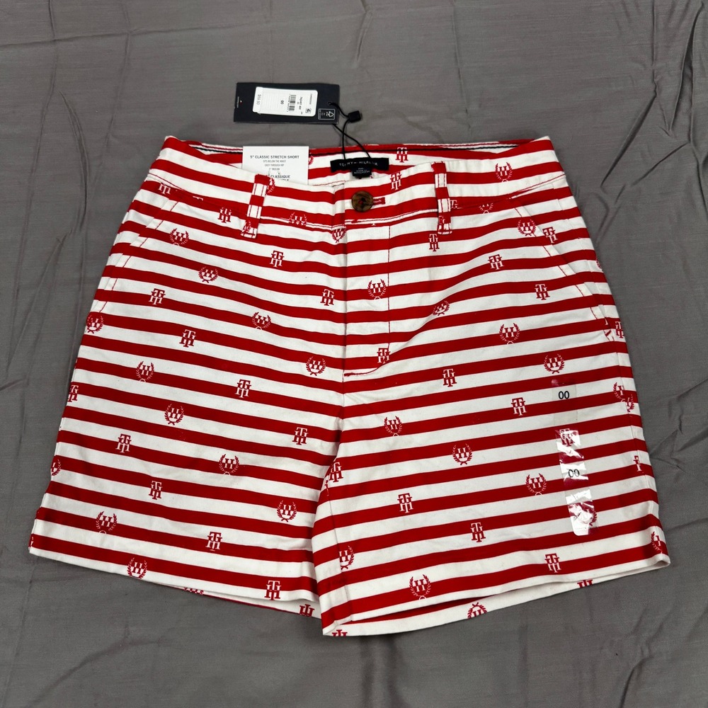 Tommy Hilfiger THFlex 5 Classic Stretch Shorts Red White Stripe Logo Size 00 NWT